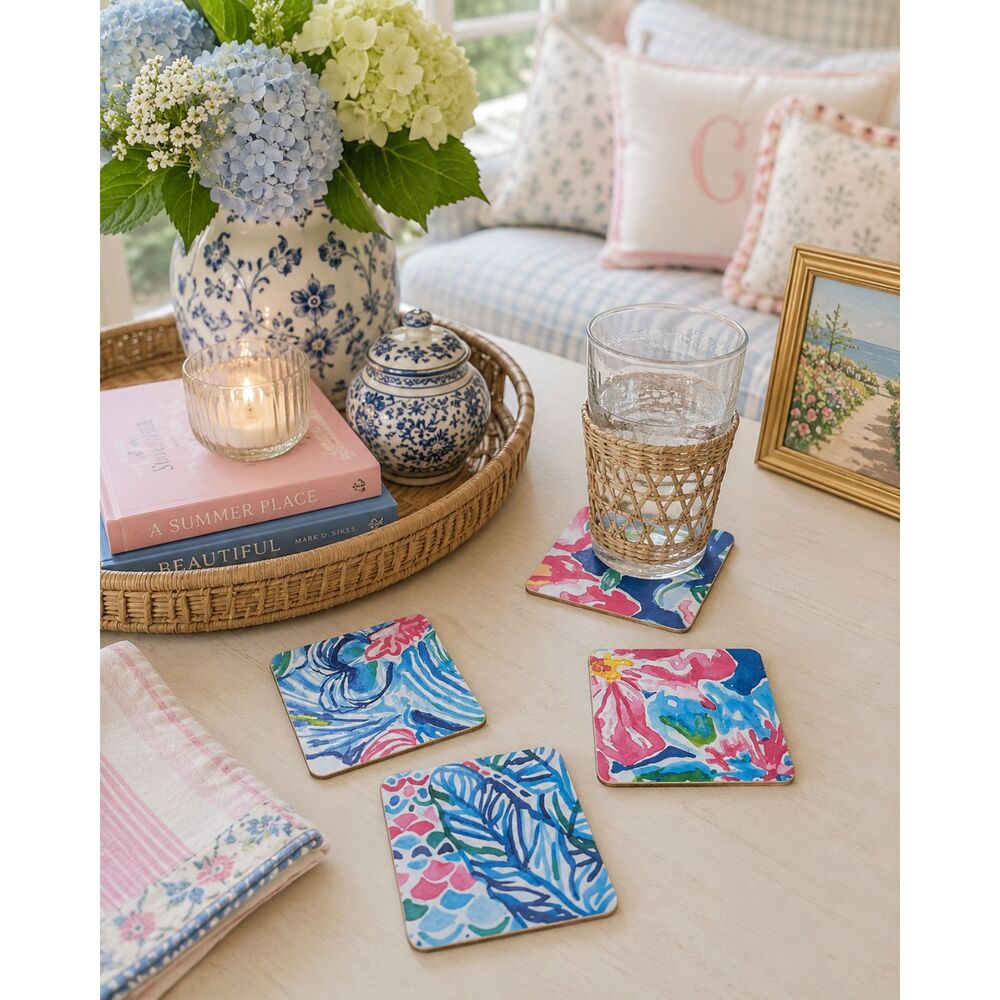 Set Of 4 Handmade Coasters Preppy Coastal Cottage Beachy Entertaining Hostess